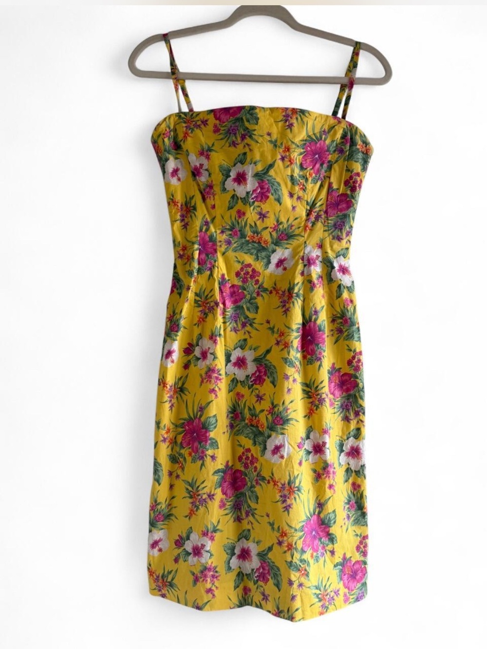 Vintage 90s Ralph by Ralph Lauren Yellow Tropical Floral Wiggle Dress Size 8